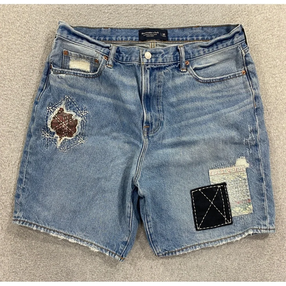 Abercrombie & Fitch Men's Authentic Rigid Denim Size 36 Loose Patched Shorts